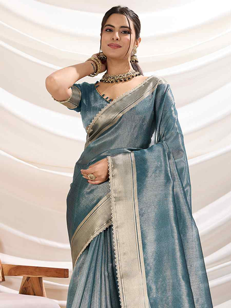 Teal Blue Gold Infused Tissue Linen Handwoven Festival Wedding Fancy Heavy Border Saree