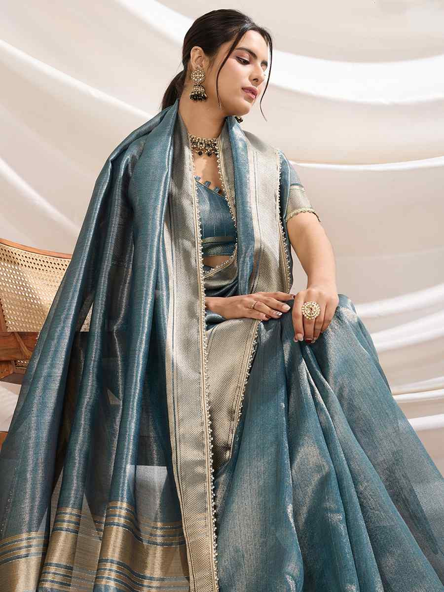 Teal Blue Gold Infused Tissue Linen Handwoven Festival Wedding Fancy Heavy Border Saree