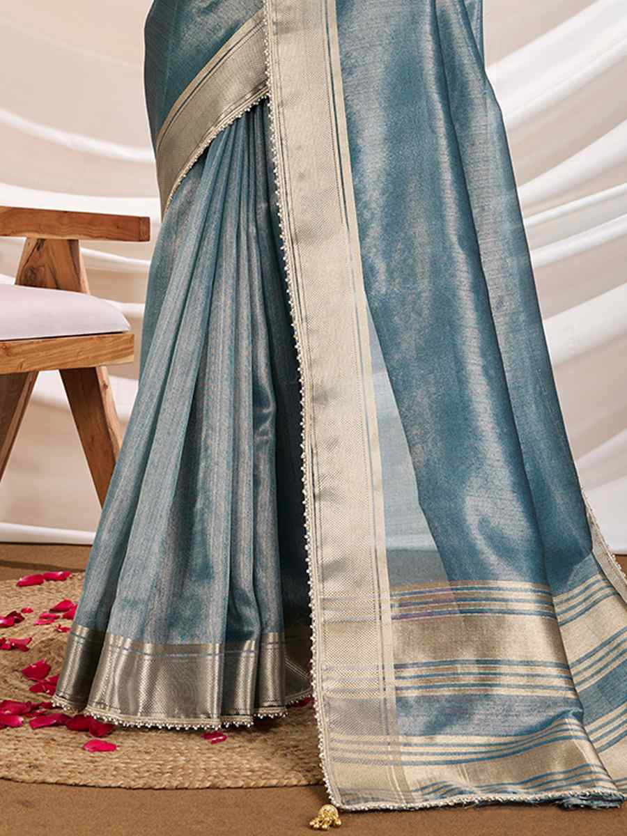 Teal Blue Gold Infused Tissue Linen Handwoven Festival Wedding Fancy Heavy Border Saree