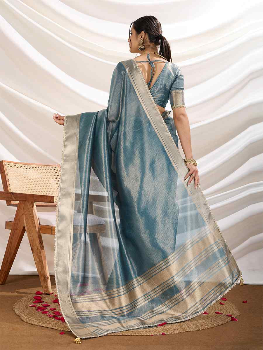 Teal Blue Gold Infused Tissue Linen Handwoven Festival Wedding Fancy Heavy Border Saree