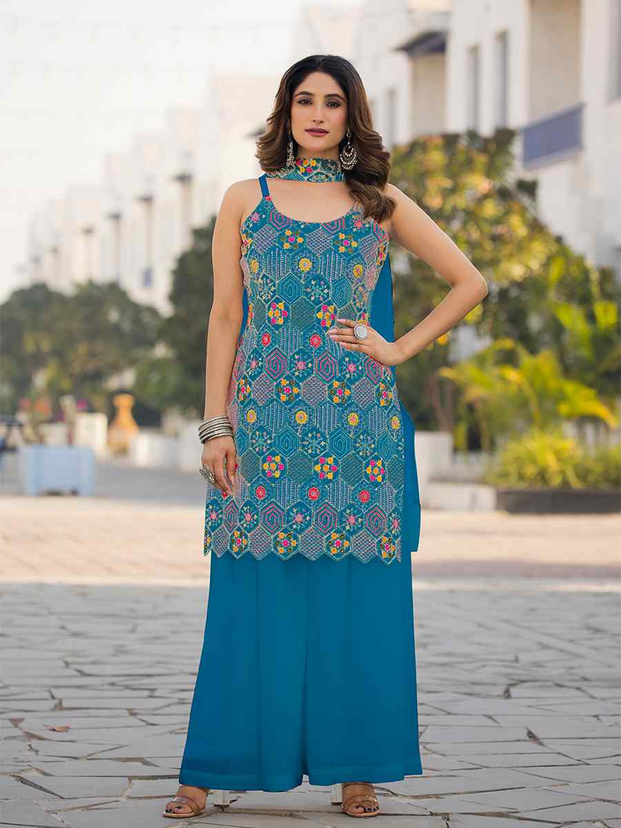 Teal Blue Heavy Chinon Embroidered Festive Wedding Ready Palazzo Pant Salwar Kameez