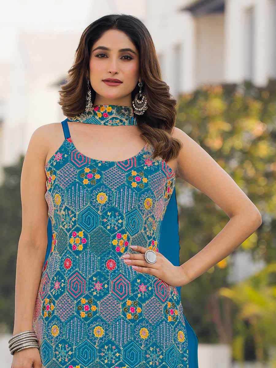 Teal Blue Heavy Chinon Embroidered Festive Wedding Ready Palazzo Pant Salwar Kameez