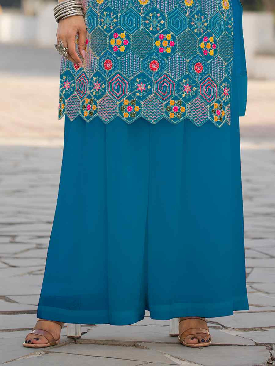 Teal Blue Heavy Chinon Embroidered Festive Wedding Ready Palazzo Pant Salwar Kameez