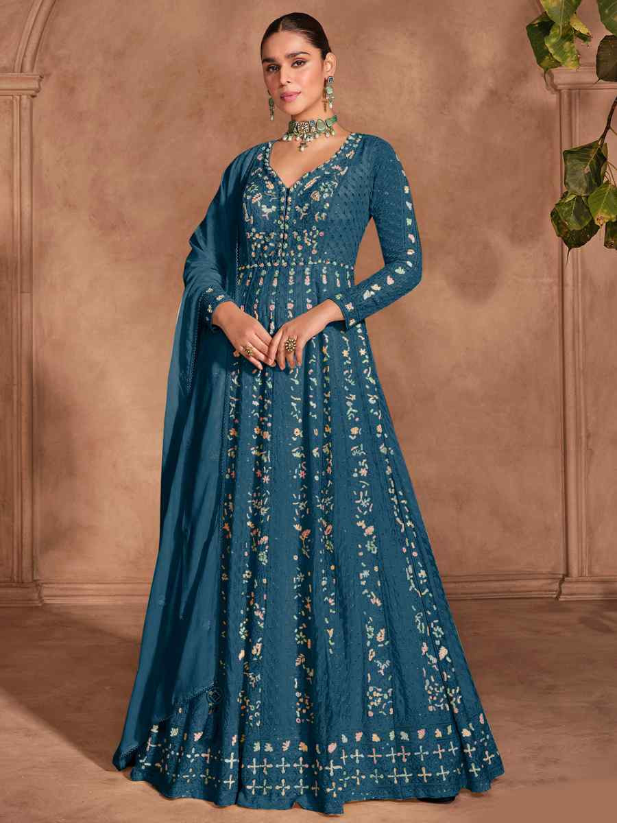 Teal Blue Heavy Chinon Embroidered Festival Casual Anarkali Salwar Kameez