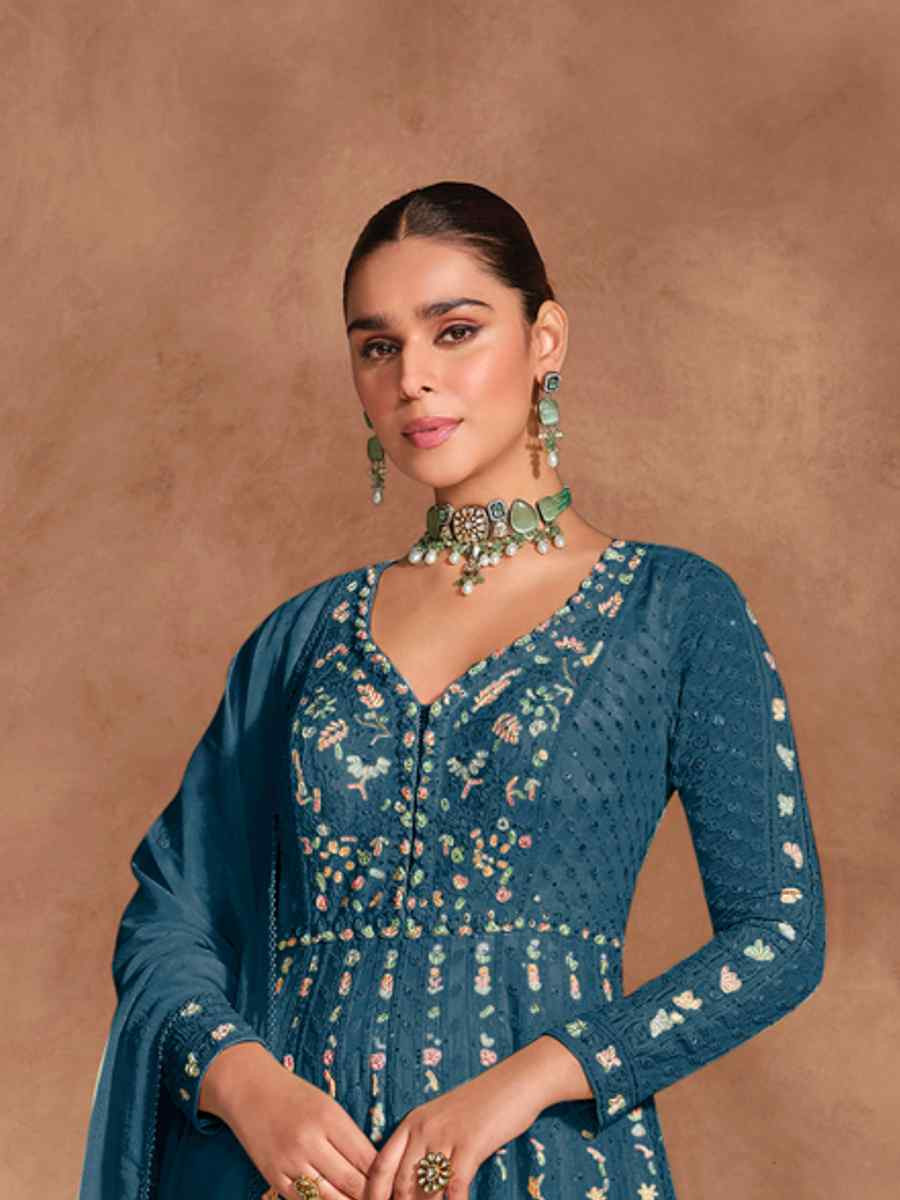 Teal Blue Heavy Chinon Embroidered Festival Casual Anarkali Salwar Kameez