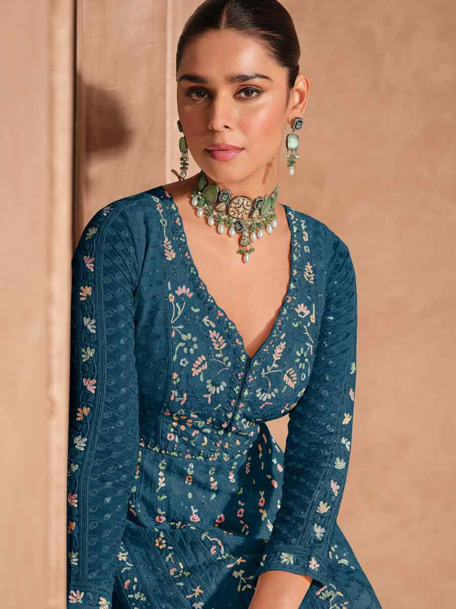 Teal Blue Heavy Chinon Embroidered Festival Casual Anarkali Salwar Kameez