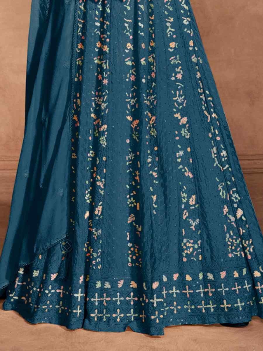 Teal Blue Heavy Chinon Embroidered Festival Casual Anarkali Salwar Kameez