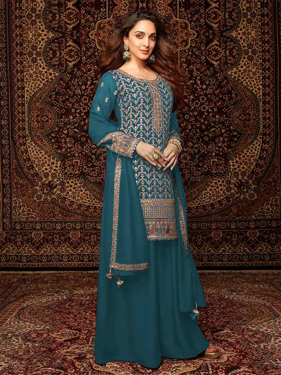 Teal Blue Heavy Chinon Embroidered Festival Wedding Palazzo Pant Salwar Kameez