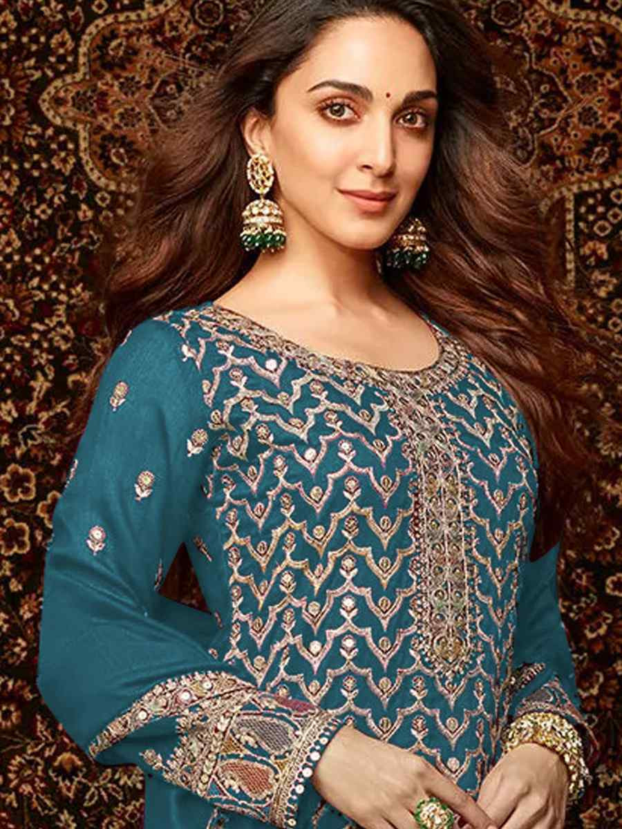 Teal Blue Heavy Chinon Embroidered Festival Wedding Palazzo Pant Salwar Kameez