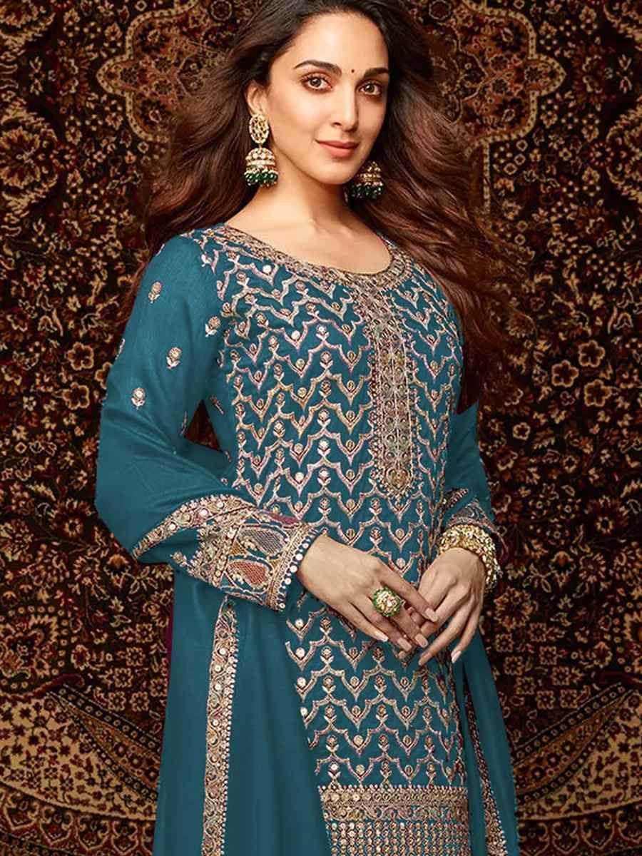 Teal Blue Heavy Chinon Embroidered Festival Wedding Palazzo Pant Salwar Kameez