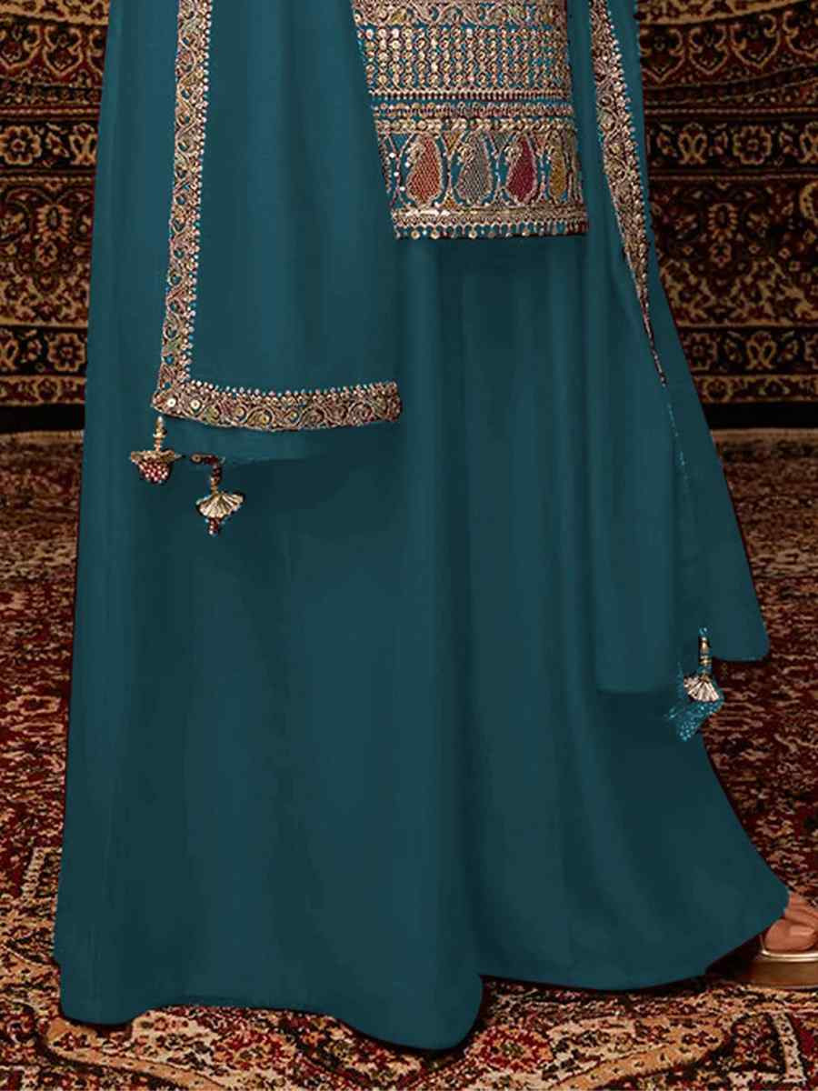 Teal Blue Heavy Chinon Embroidered Festival Wedding Palazzo Pant Salwar Kameez