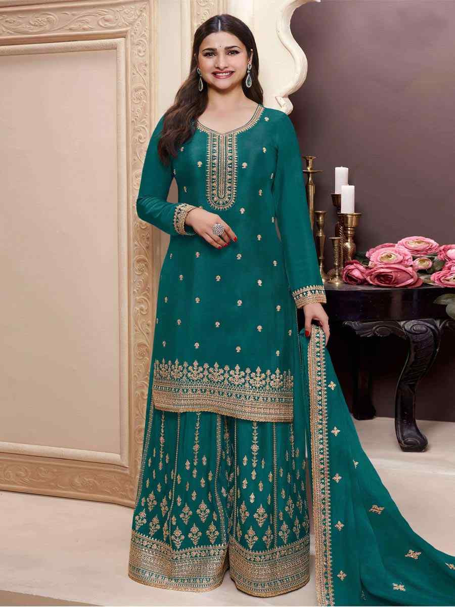 Teal Blue Heavy Chinon Embroidered Festival Wedding Palazzo Pant Salwar Kameez