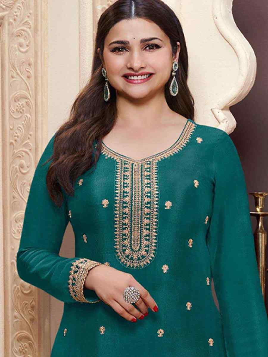 Teal Blue Heavy Chinon Embroidered Festival Wedding Palazzo Pant Salwar Kameez