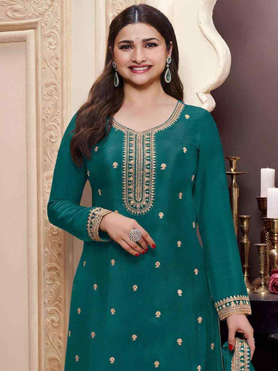 Teal Blue Heavy Chinon Embroidered Festival Wedding Palazzo Pant Salwar Kameez