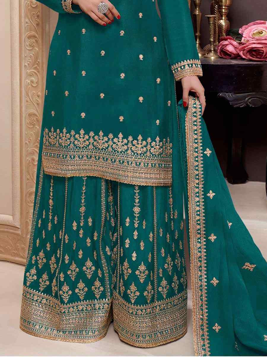 Teal Blue Heavy Chinon Embroidered Festival Wedding Palazzo Pant Salwar Kameez