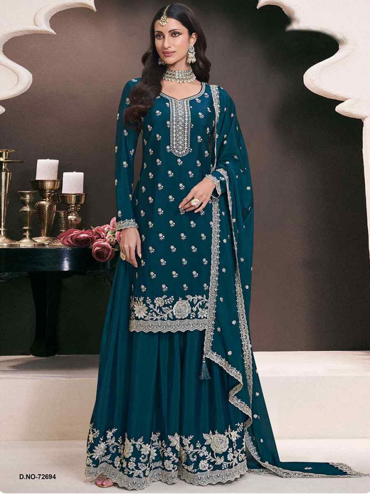 Teal Blue Heavy Chinon Embroidered Festival Wedding Sharara Pant Salwar Kameez