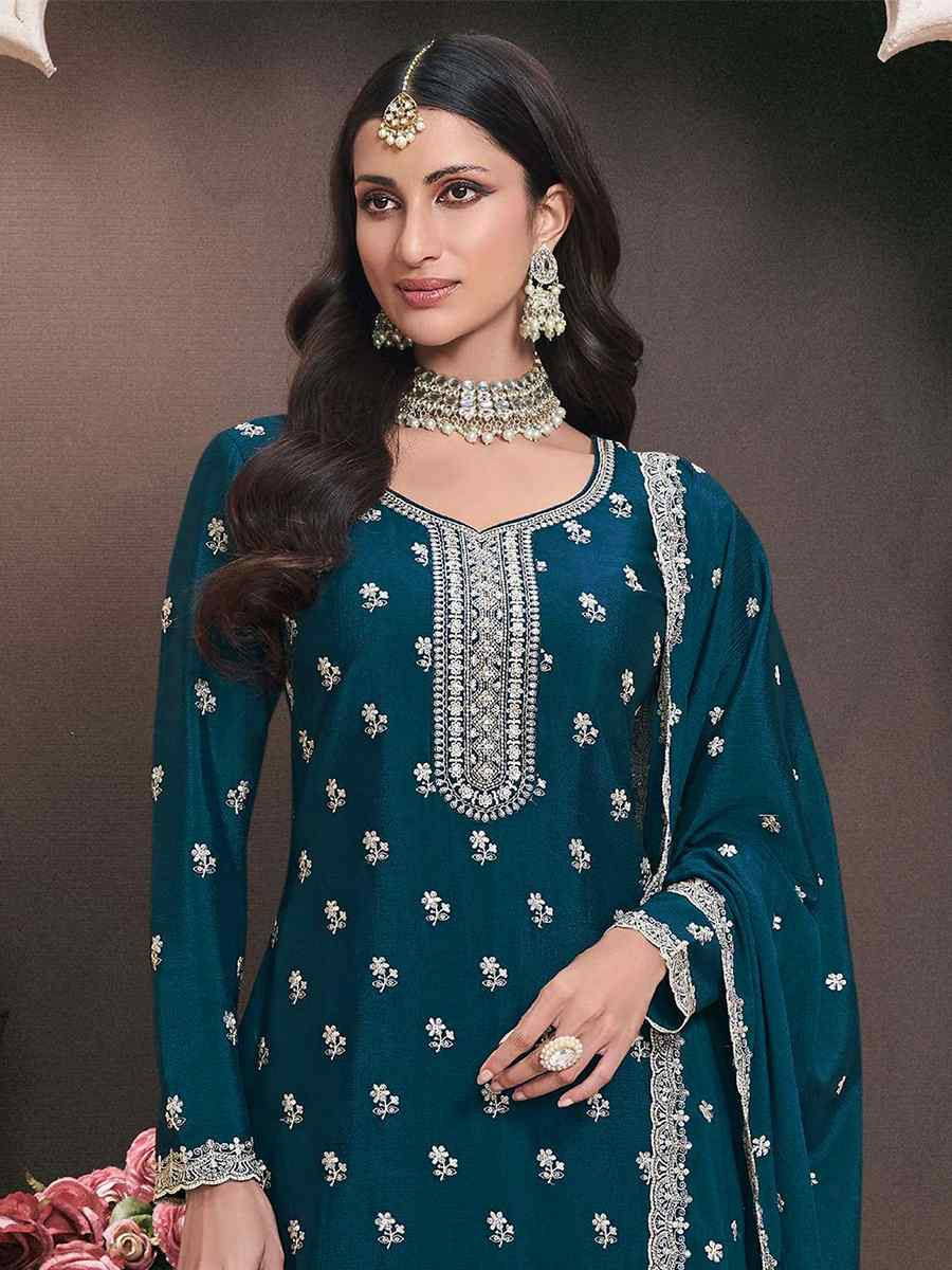 Teal Blue Heavy Chinon Embroidered Festival Wedding Sharara Pant Salwar Kameez