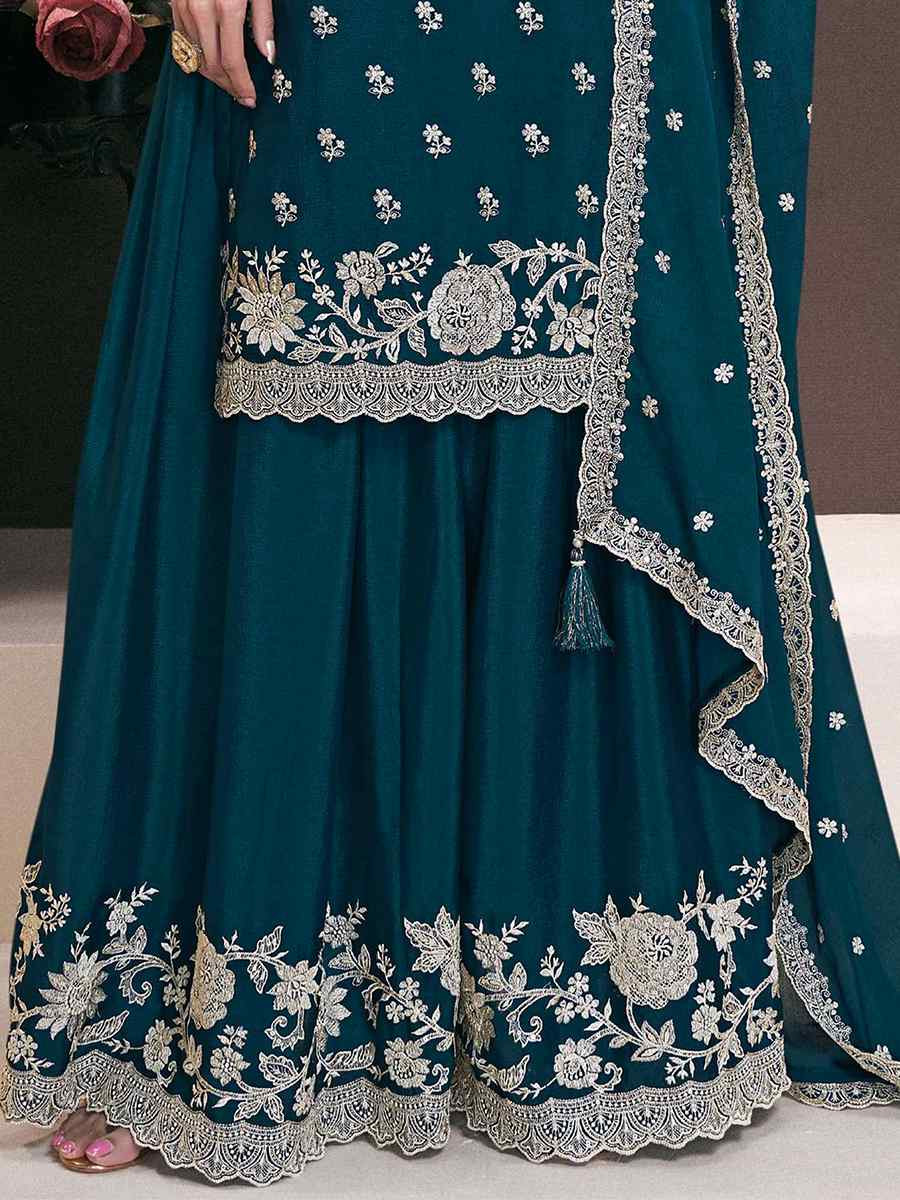 Teal Blue Heavy Chinon Embroidered Festival Wedding Sharara Pant Salwar Kameez