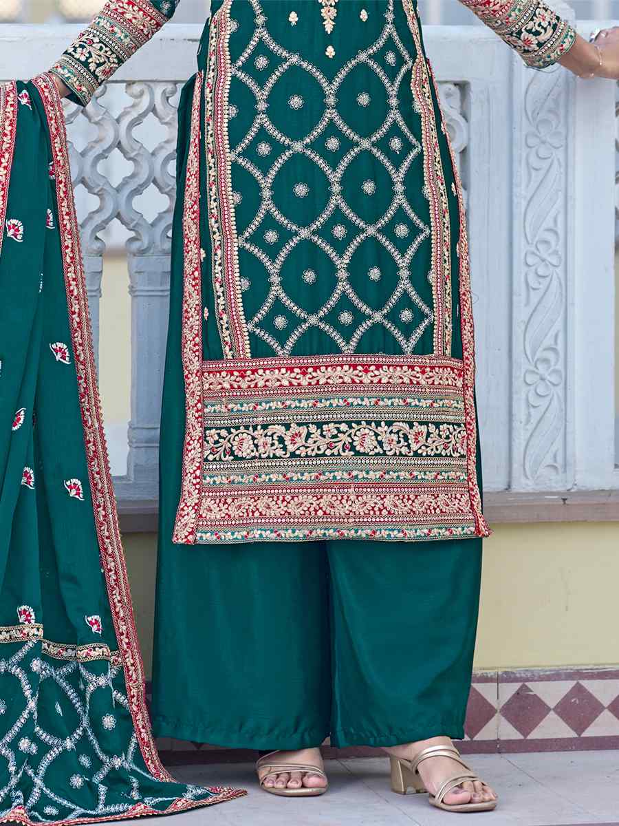 Teal Blue Heavy Chinon Silk Embroidered Festival Wedding Pant Salwar Kameez