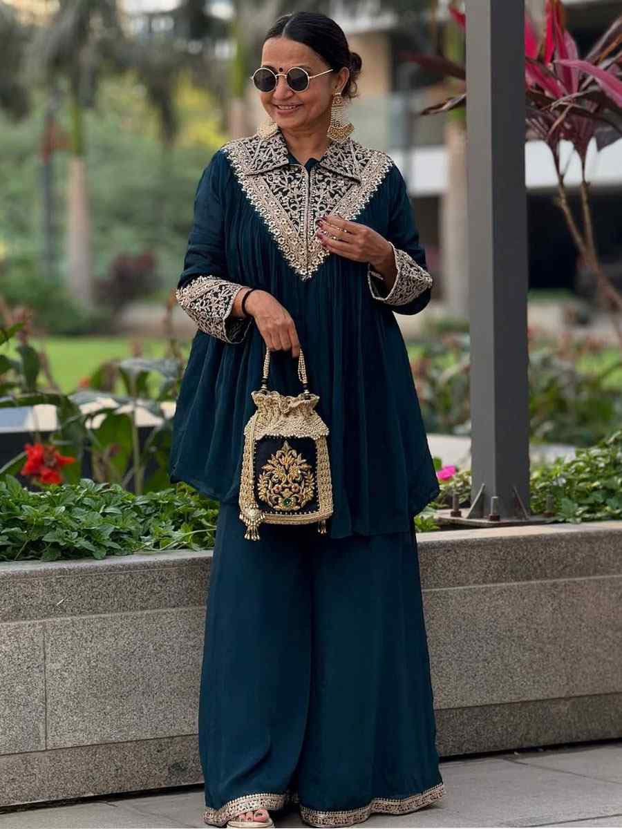 Teal Blue Heavy Cotton Embroidered Festival Casual Kurti Bottom Women Wear