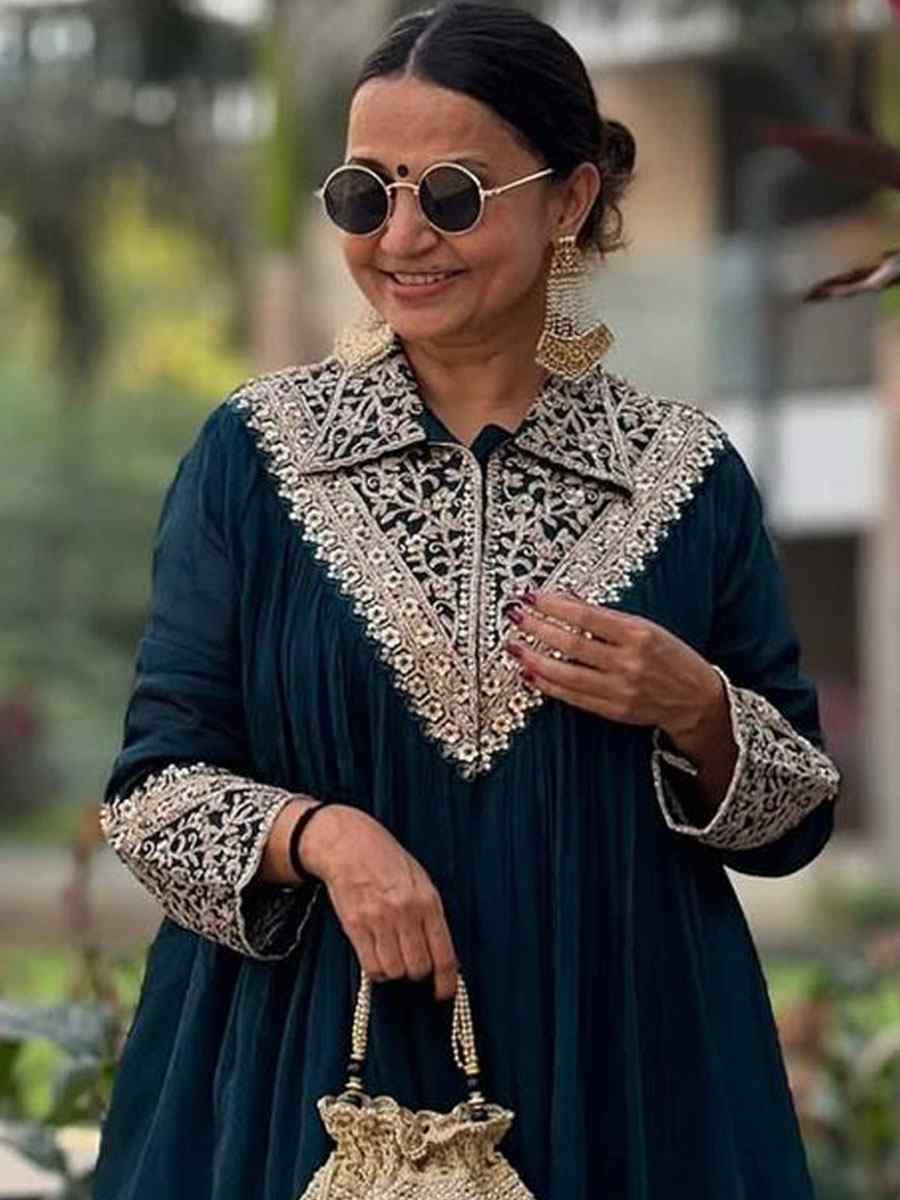 Teal Blue Heavy Cotton Embroidered Festival Casual Kurti Bottom Women Wear