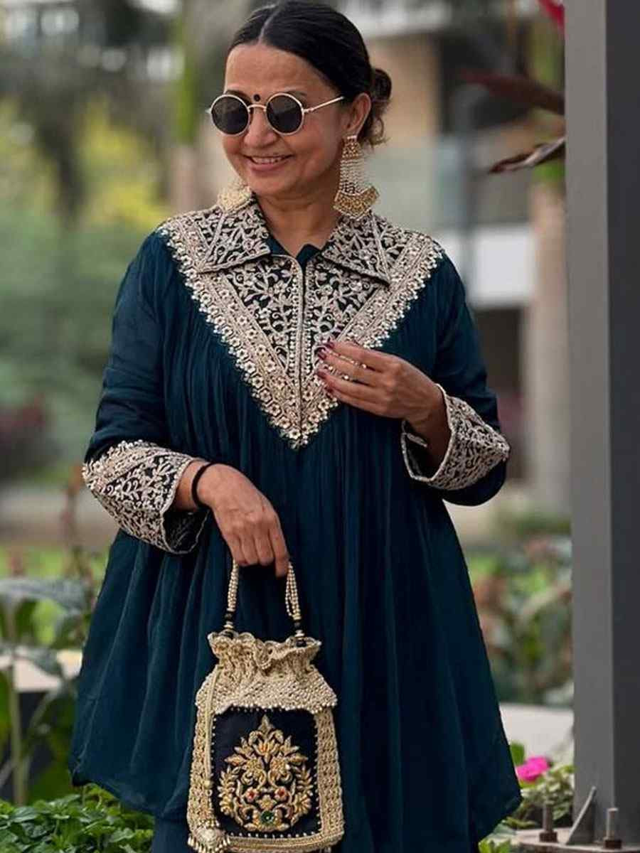 Teal Blue Heavy Cotton Embroidered Festival Casual Kurti Bottom Women Wear