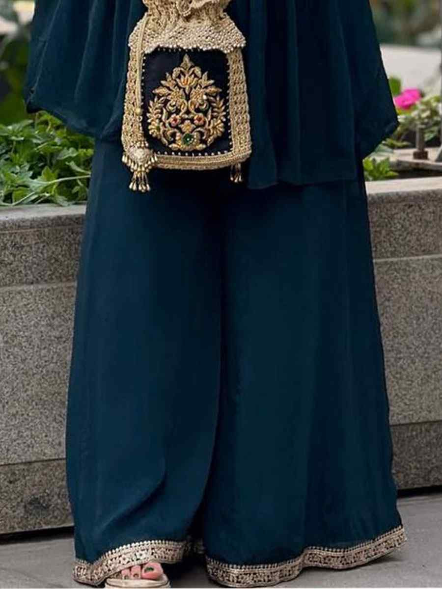 Teal Blue Heavy Cotton Embroidered Festival Casual Kurti Bottom Women Wear