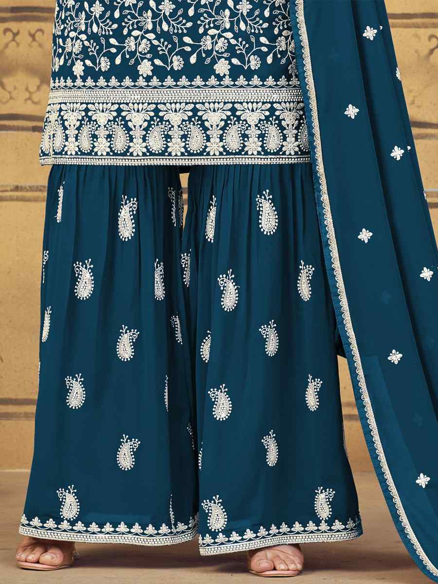 Teal Blue Heavy Faux Georgette Embroidered Festival Party Palazzo Pant Salwar Kameez