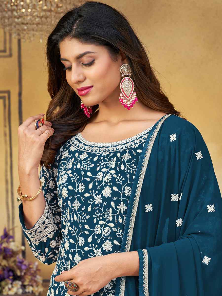 Teal Blue Heavy Faux Georgette Embroidered Festival Party Palazzo Pant Salwar Kameez