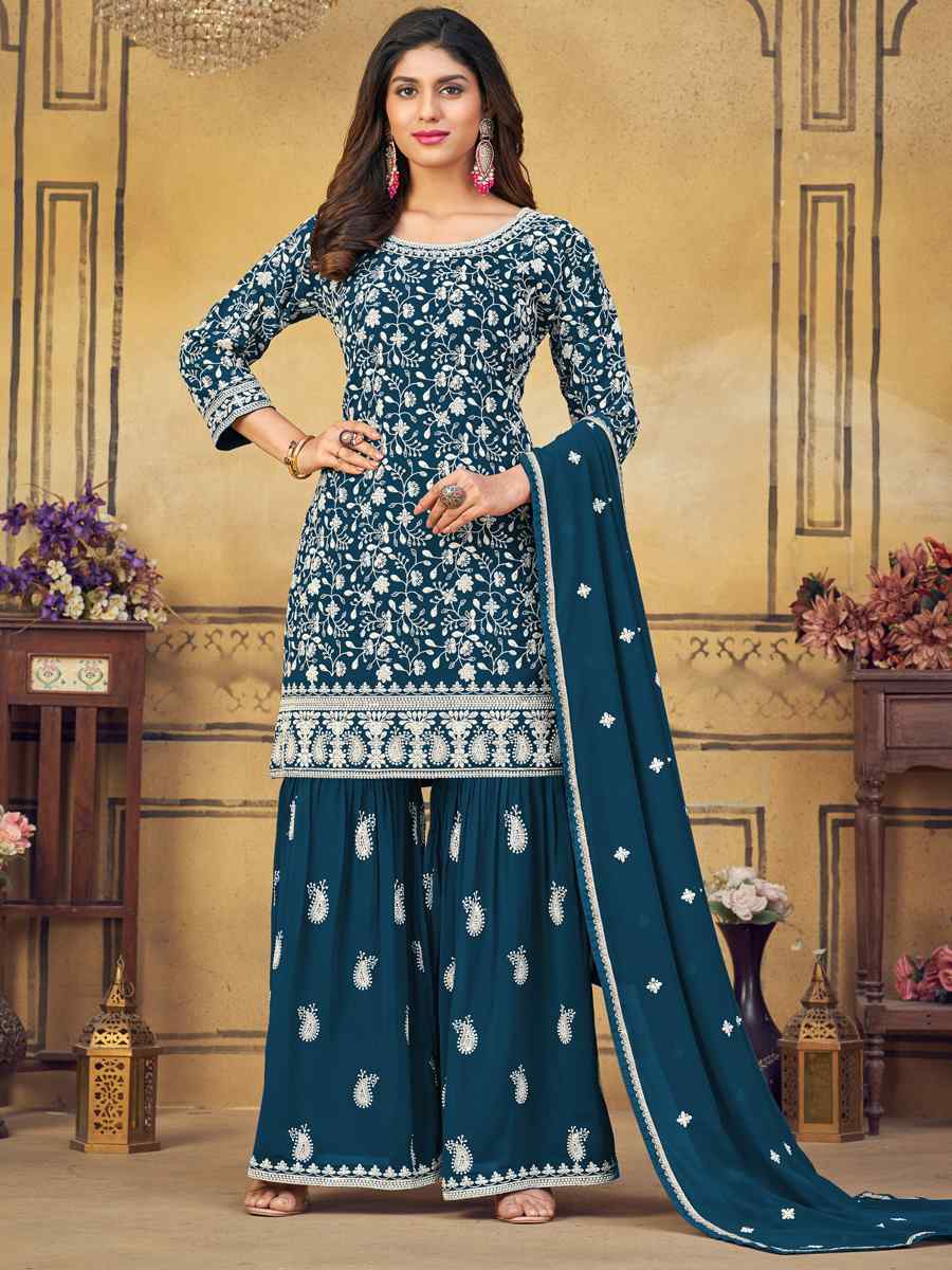 Teal Blue Heavy Faux Georgette Embroidered Festival Party Palazzo Pant Salwar Kameez