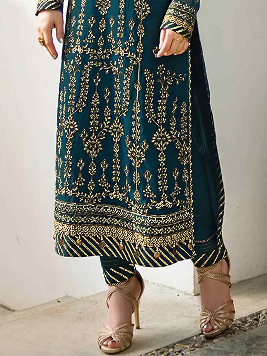 Teal Blue Heavy Faux Georgette Embroidered Festival Party Pant Salwar Kameez