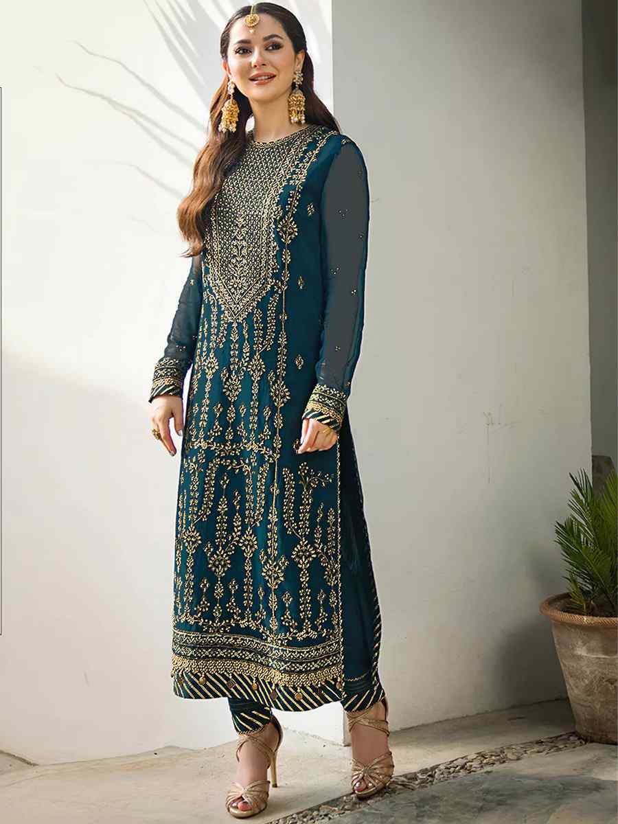 Teal Blue Heavy Faux Georgette Embroidered Festival Party Pant Salwar Kameez