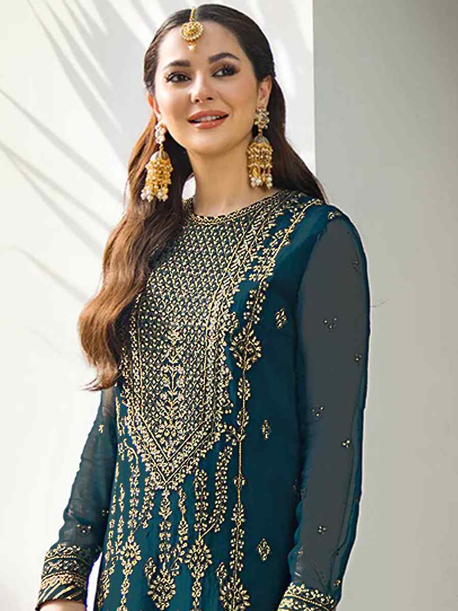 Teal Blue Heavy Faux Georgette Embroidered Festival Party Pant Salwar Kameez