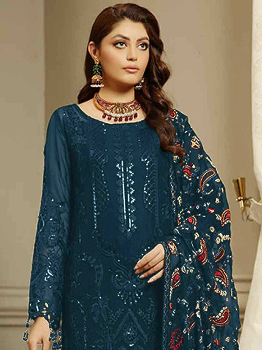 Teal Blue Heavy Faux Georgette Embroidered Festival Party Pant Salwar Kameez