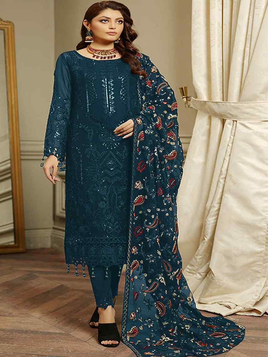 Teal Blue Heavy Faux Georgette Embroidered Festival Party Pant Salwar Kameez