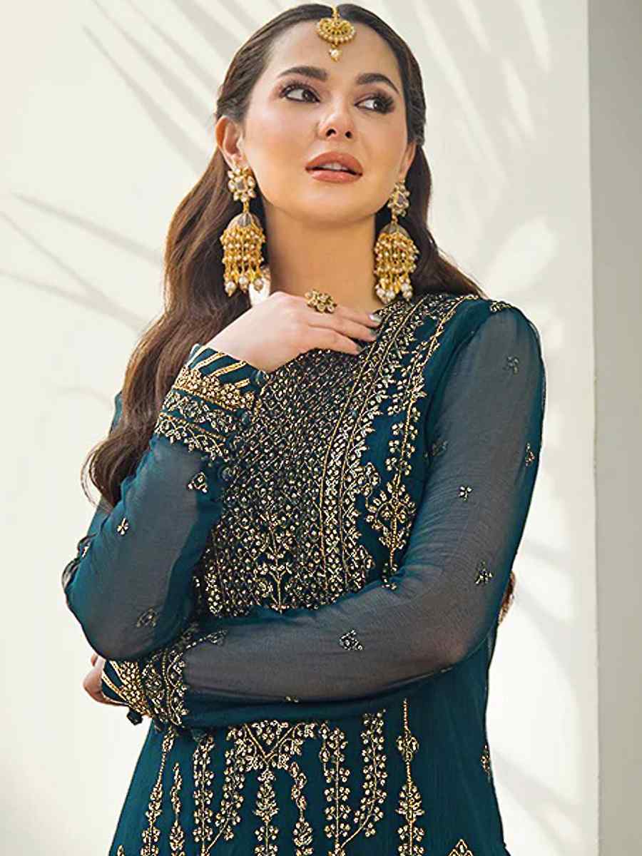 Teal Blue Heavy Faux Georgette Embroidered Festival Party Pant Salwar Kameez