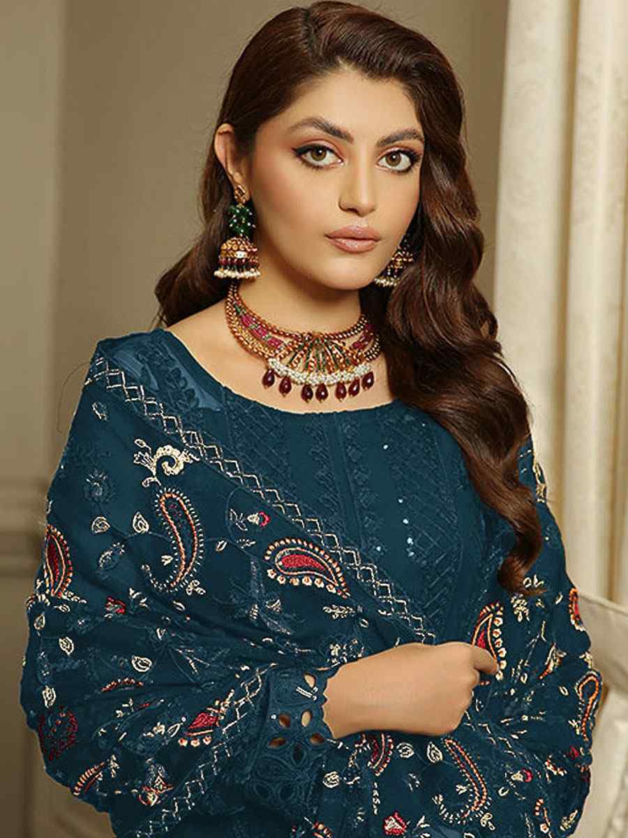 Teal Blue Heavy Faux Georgette Embroidered Festival Party Pant Salwar Kameez