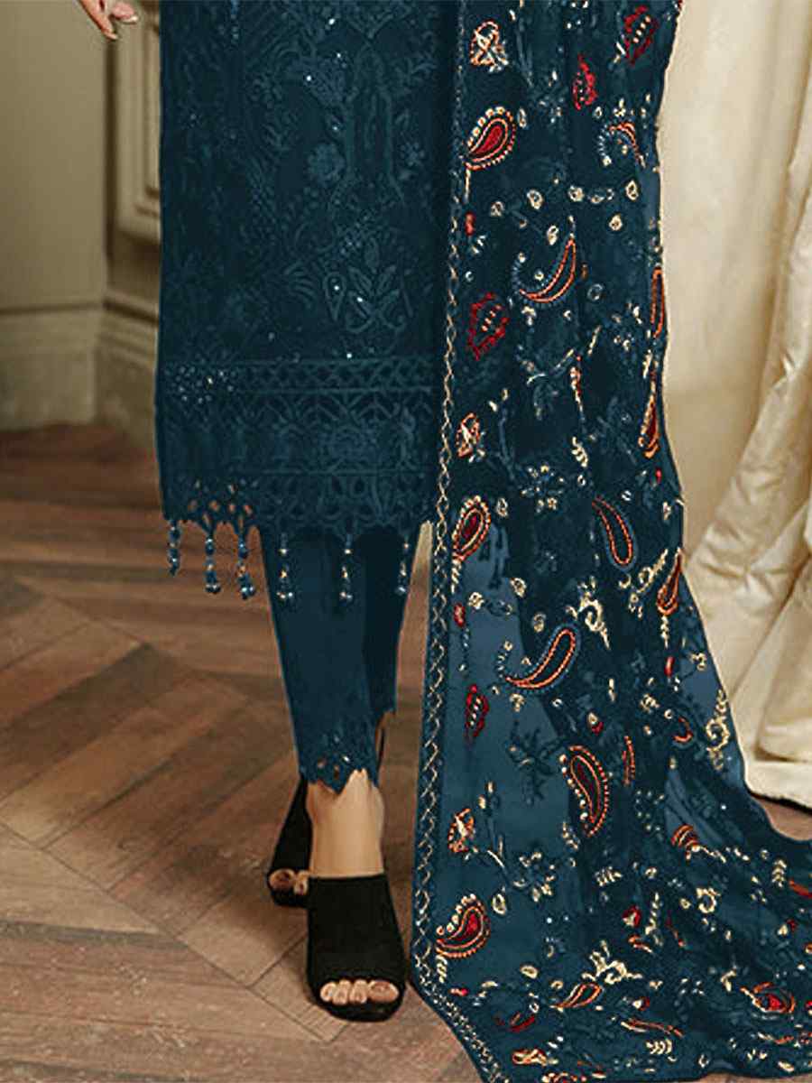 Teal Blue Heavy Faux Georgette Embroidered Festival Party Pant Salwar Kameez