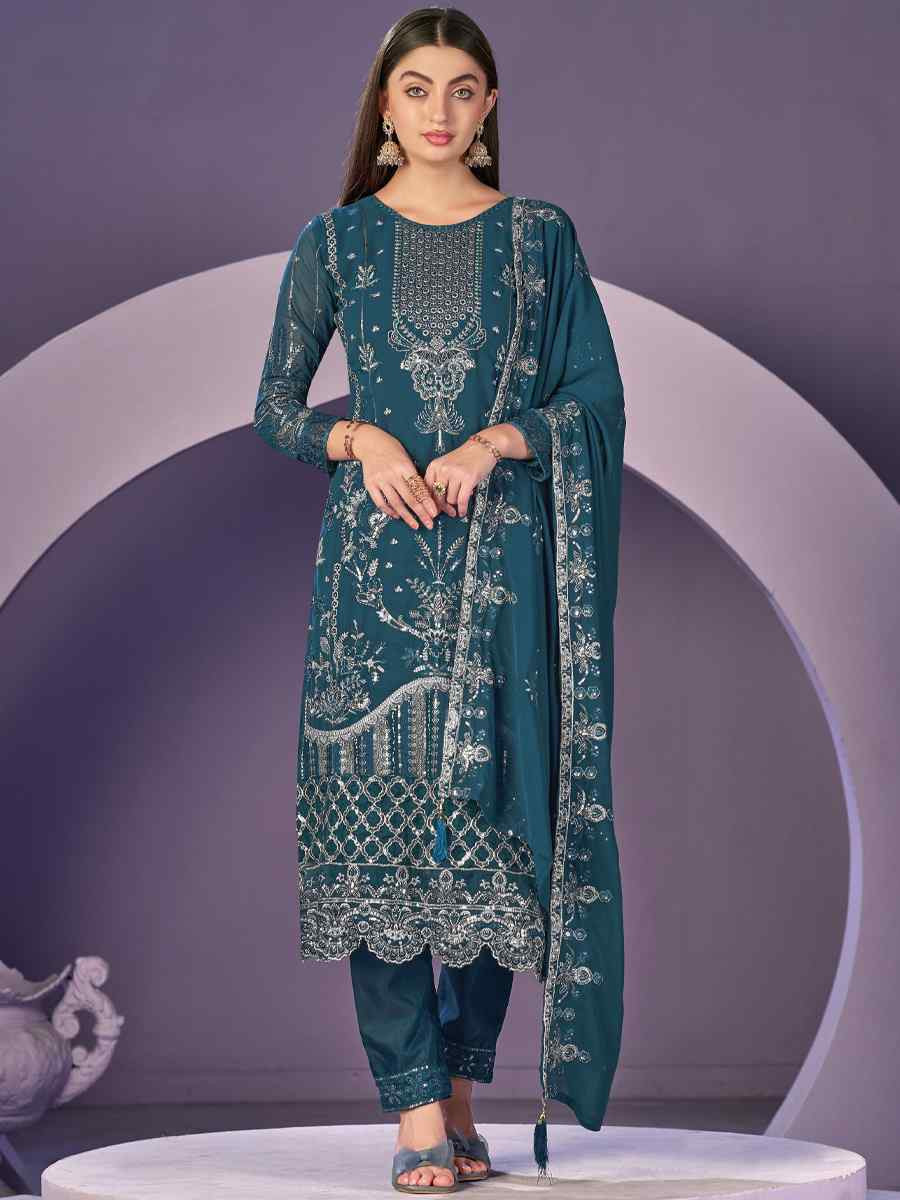Teal Blue Heavy Faux Georgette Embroidered Festival Wedding Pant Salwar Kameez