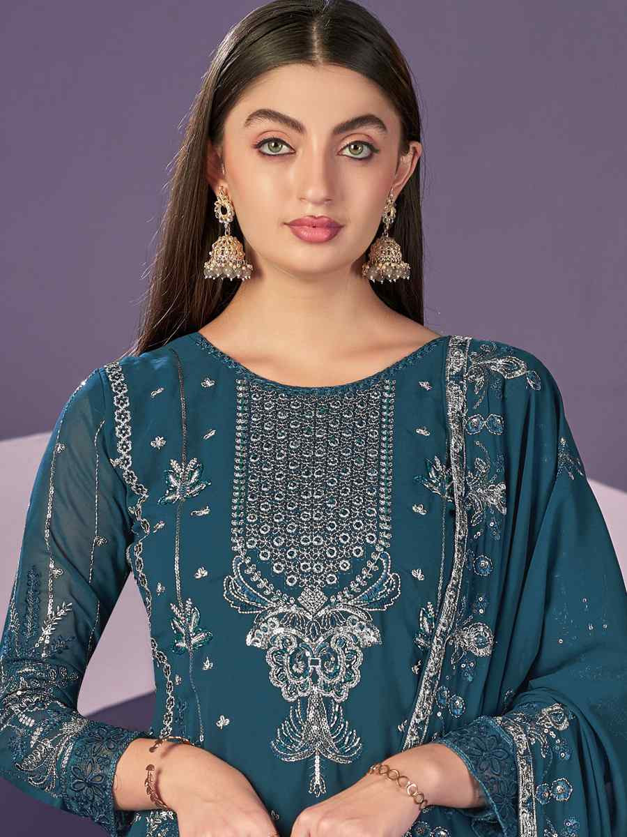 Teal Blue Heavy Faux Georgette Embroidered Festival Wedding Pant Salwar Kameez