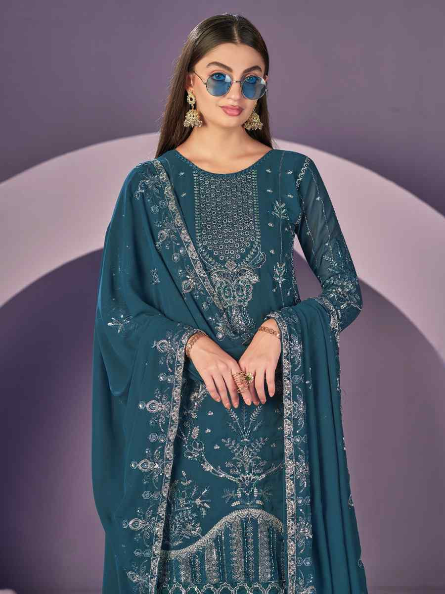 Teal Blue Heavy Faux Georgette Embroidered Festival Wedding Pant Salwar Kameez