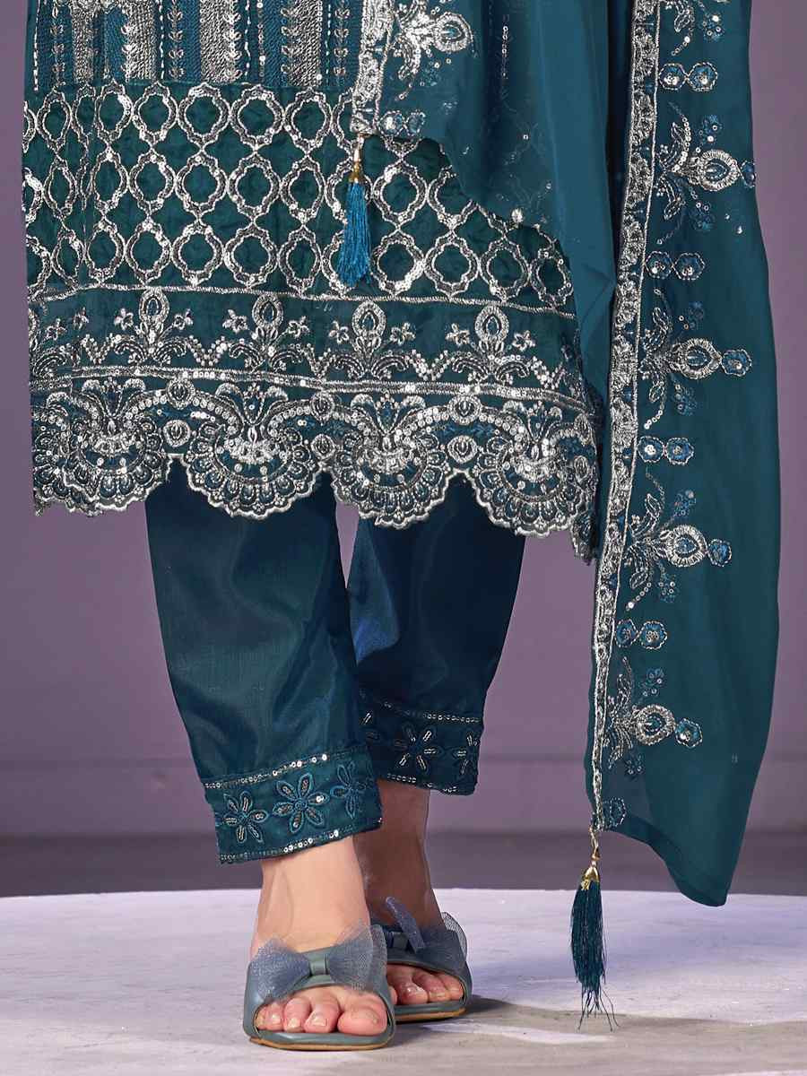 Teal Blue Heavy Faux Georgette Embroidered Festival Wedding Pant Salwar Kameez