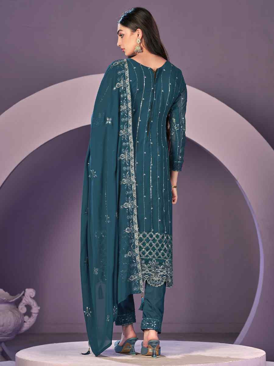 Teal Blue Heavy Faux Georgette Embroidered Festival Wedding Pant Salwar Kameez