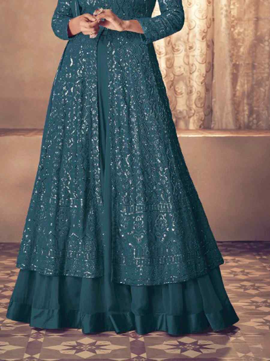Teal Blue Heavy Faux Georgette Embroidered Party Engagement Lawn Salwar Kameez