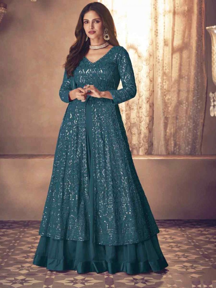 Teal Blue Heavy Faux Georgette Embroidered Party Engagement Lawn Salwar Kameez