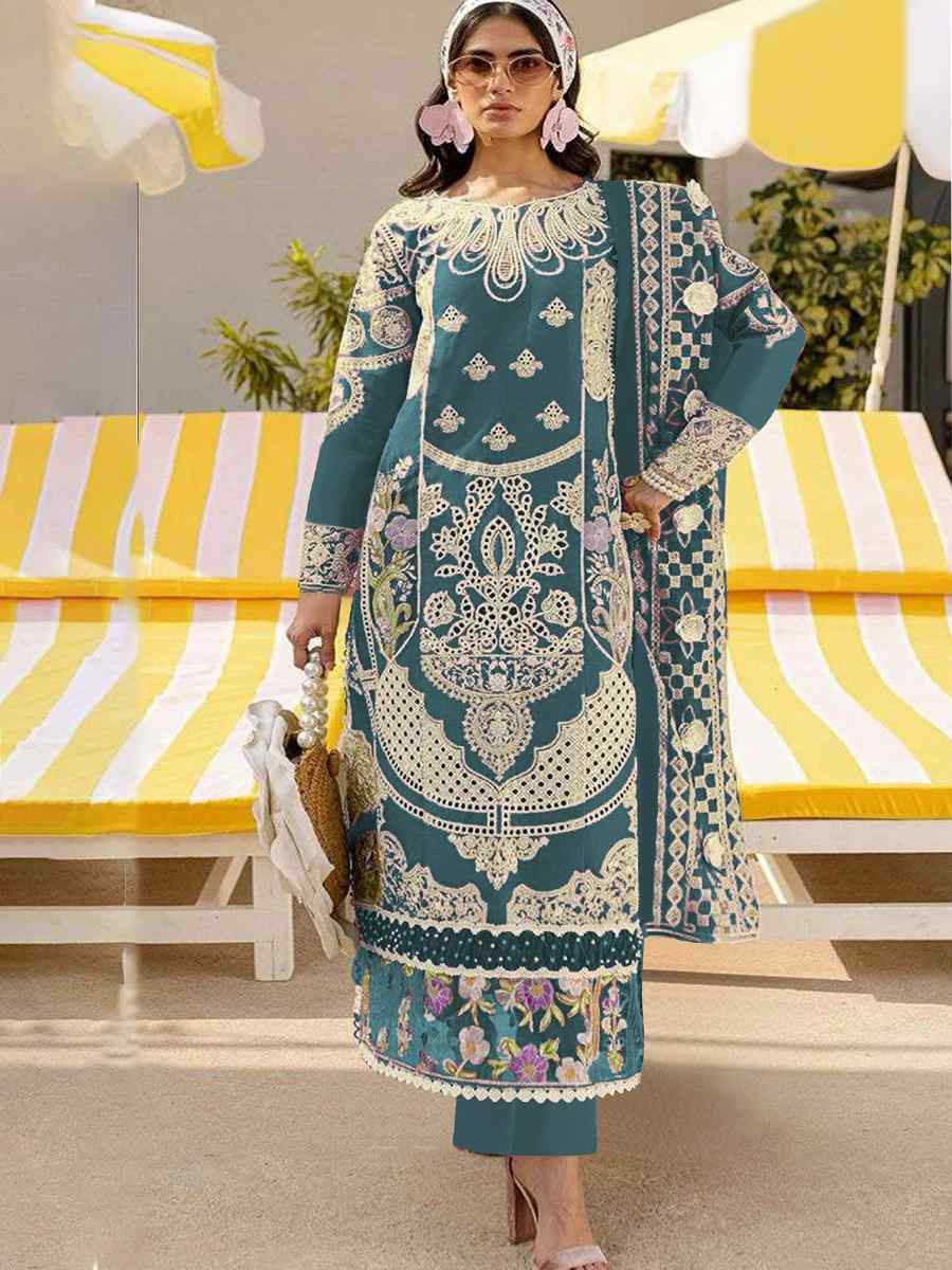 Teal Blue Heavy Foux Georgette Embroidered Festival Wedding Pant Salwar Kameez