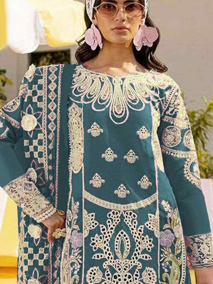 Teal Blue Heavy Foux Georgette Embroidered Festival Wedding Pant Salwar Kameez