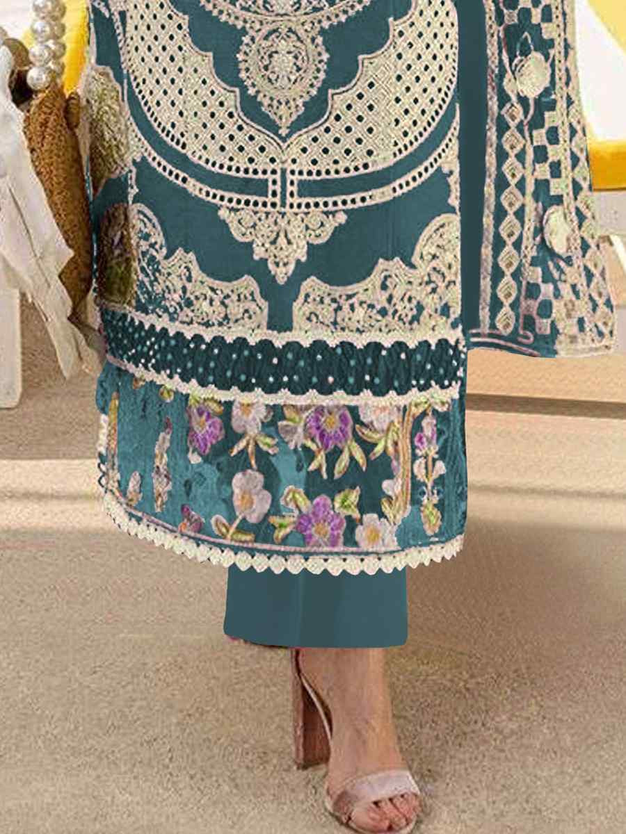 Teal Blue Heavy Foux Georgette Embroidered Festival Wedding Pant Salwar Kameez