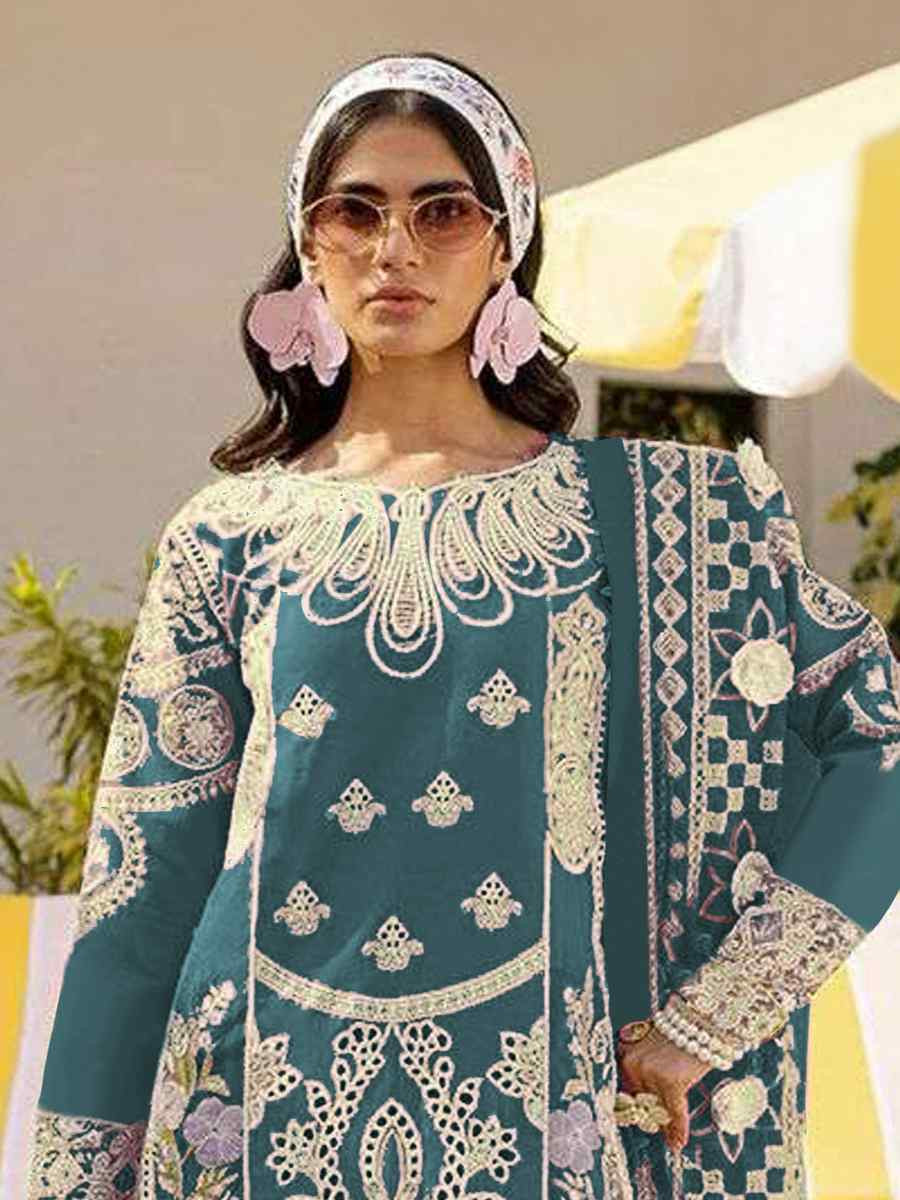 Teal Blue Heavy Foux Georgette Embroidered Festival Wedding Pant Salwar Kameez