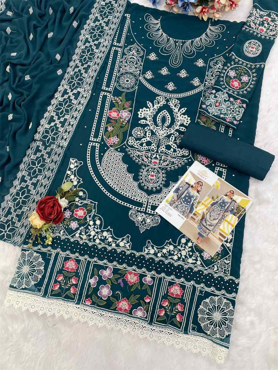 Teal Blue Heavy Foux Georgette Embroidered Festival Wedding Pant Salwar Kameez